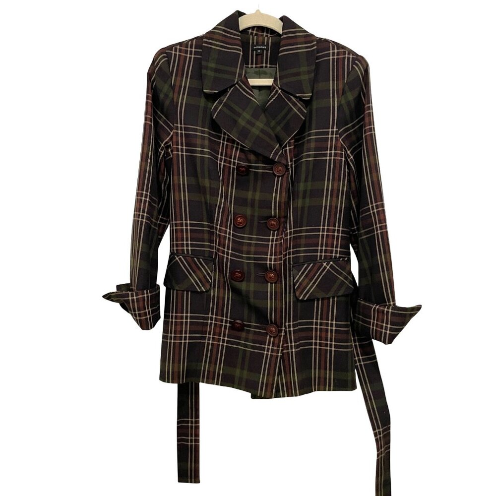 Plaid Double-Breasted Trench‎ Coat Jacket With Belt By Composd  Womens Size 8